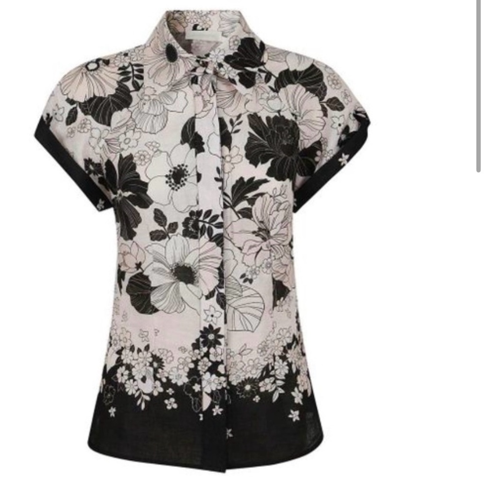 NWT Zimmermann Pop Black Floral Short Sleeve Linen Shirt SIZE 1